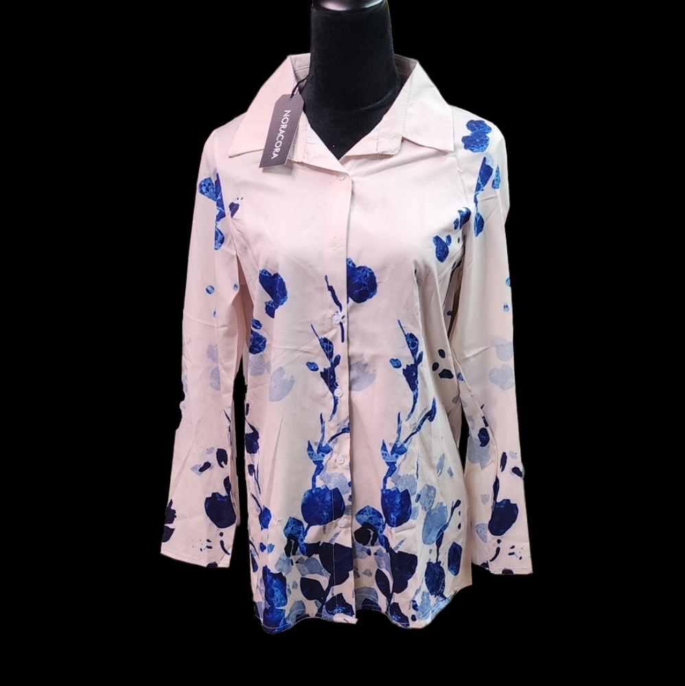 NoraCora women's blue floral button-down blouse. Size  S